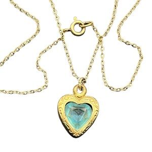 Blue rhinestone engraved heart pendant dainty gold tone chain necklace vintage